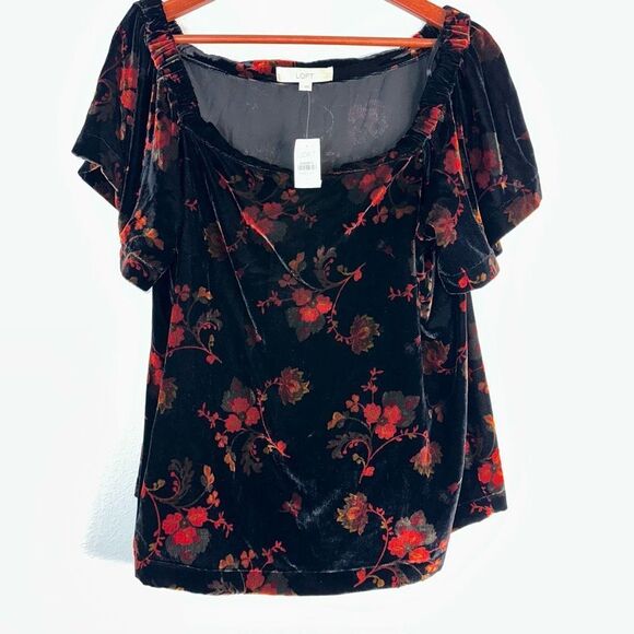 Loft Womens Black Floral Velvet Off the Shoulder Top Large NWT Fairy Grunge Chic - Picture 2 of 10
